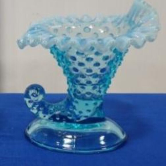 Fenton Blue Opalescent Hobnail Glass Cornucopia Horn Candleholder Vase Set of 2 - Picture 2 of 6